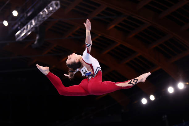 Pauline Schaefer-Betz of Team Germany competes on balance beam during Women's Qualification on day two of the Tokyo 2020 Olympic Games at Ariake...