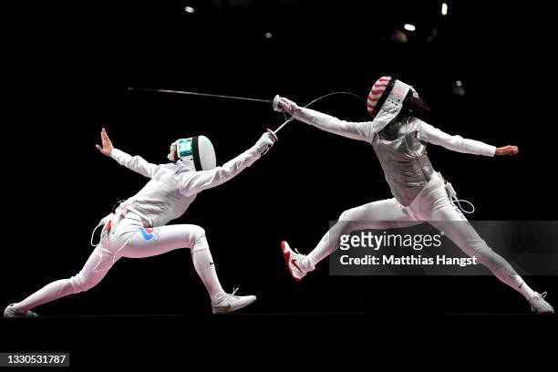 Inna Deriglazova of Team ROC competes against Lee Kiefer of Team United States in the Women's Foil Individual Fencing Gold Medal Bout on day two of...