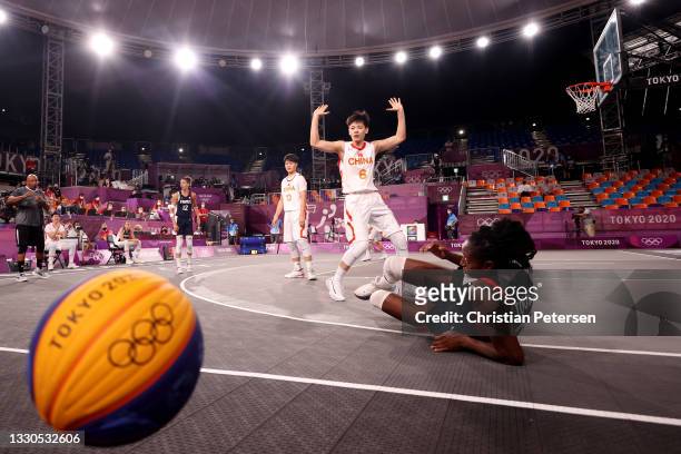 Mamignan Toure of Team France and Shuyu Yang of Team China contest the ball during the Women's Pool Round match between China and France on day two...