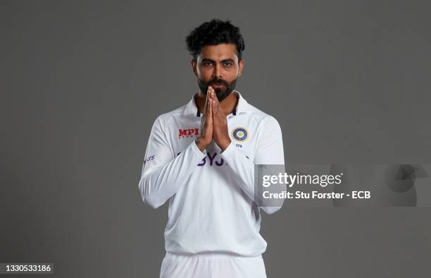 Ravindra Jadeja of India poses during a portrait session at the Radisson Blu Hotel on July 23, 2021 in Durham, England.