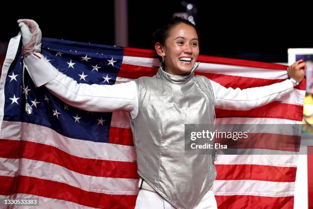 Lee Kiefer of Team United States celebrates winning the Women's Foil Individual Fencing Gold Medal Bout against Inna Deriglazova of Team ROC on day...