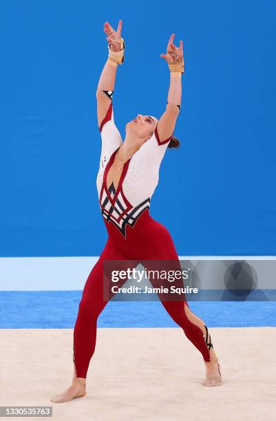 Pauline Schaefer-Betz of Team Germany competes in the floor exercise during Women's Qualification on day two of the Tokyo 2020 Olympic Games at...