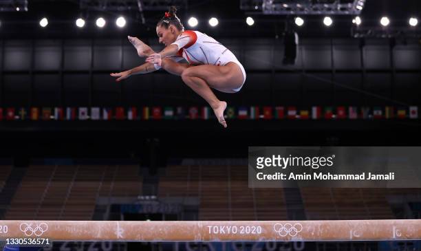 Filipa Martins of Portugal competes on the balance beam on day two of the Tokyo 2020 Olympic Games at Ariake Gymnastics Centre on July 25, 2021 in...