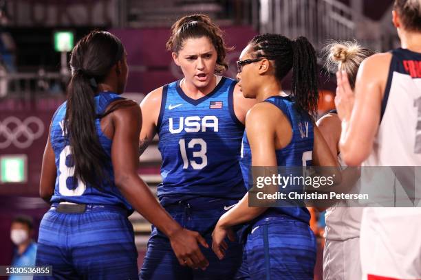 Stefanie Dolson of Team United States talks to team mates in a huddle during the Women's Pool Round match between ROC and United States on day two of...
