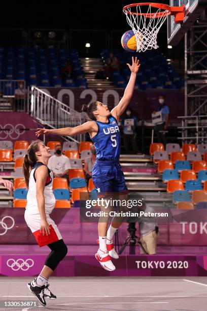 Kelsey Plum of Team United States drives to the basket during the Women's Pool Round match between ROC and United States on day two of the Tokyo 2020...