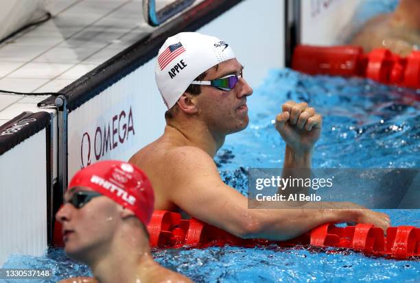Zach Apple of Team United States celebrates winning heat two of the Men's 4 x 100m Freestyle Relay on day two of the Tokyo 2020 Olympic Games at...