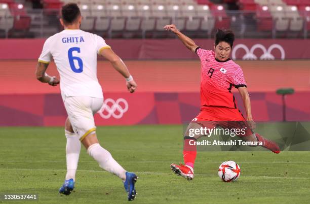 Kangin Lee of Team South Korea scores their side's fourth goal during the Men's First Round Group B match between Romania and Republic of Korea on...