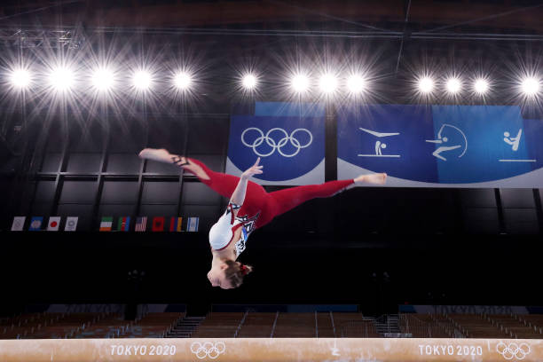Sarah Voss of Team Germany competes on balance beam during Women's Qualification on day two of the Tokyo 2020 Olympic Games at Ariake Gymnastics...