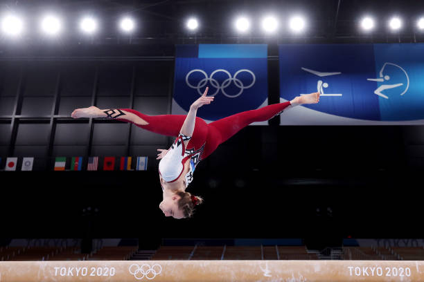 Elisabeth Seitz of Team Germany competes on balance beam during Women's Qualification on day two of the Tokyo 2020 Olympic Games at Ariake Gymnastics...