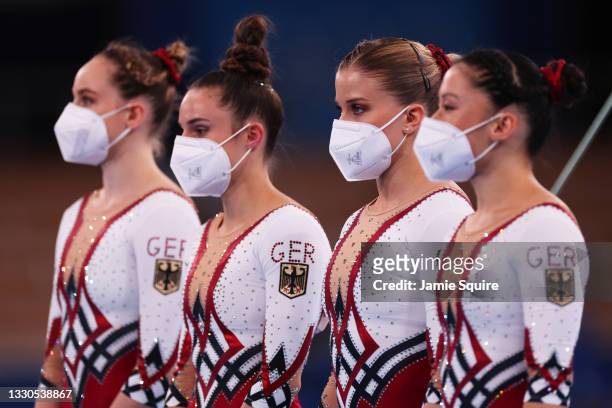 Sarah Voss, Pauline Schaefer-Betz, Elisabeth Seitz and Kim Bui of Team Germany look on during Women's Qualification on day two of the Tokyo 2020...