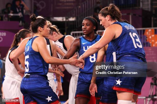 Team United States celebrate victory after defeating Team ROC during the Women's Pool Round match between ROC and United States on day two of the...