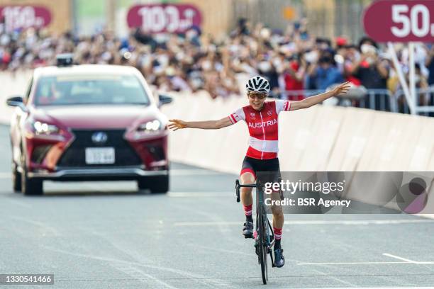 Winner Anne Kiesenhofer of Team Austria competing on Women's Road Race during the Tokyo 2020 Olympic Games at the Fuji International Speedway on July...