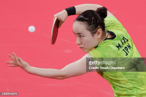 Ito Mima of Team Japan in action during her Mixed Doubles Semifinal match on day two of the Tokyo 2020 Olympic Games at Tokyo Metropolitan Gymnasium...