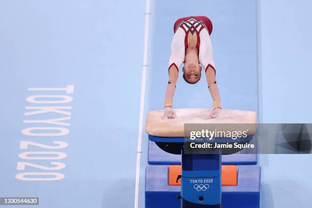 Sarah Voss of Team Germany competes on vault during Women's Qualification on day two of the Tokyo 2020 Olympic Games at Ariake Gymnastics Centre on...