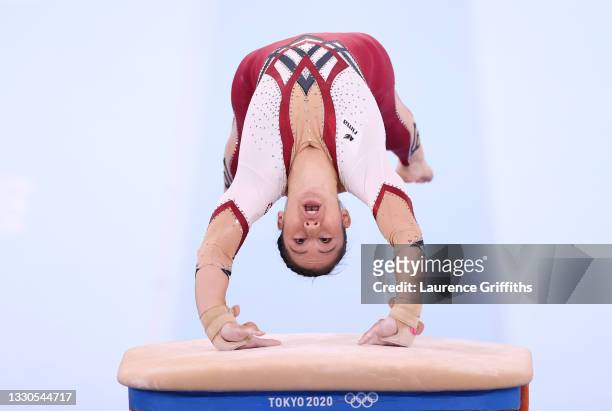Kim Bui of Team Germany competes on vault during Women's Qualification on day two of the Tokyo 2020 Olympic Games at Ariake Gymnastics Centre on July...