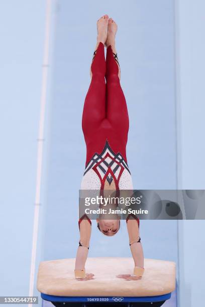 Sarah Voss of Team Germany competes on vault during Women's Qualification on day two of the Tokyo 2020 Olympic Games at Ariake Gymnastics Centre on...