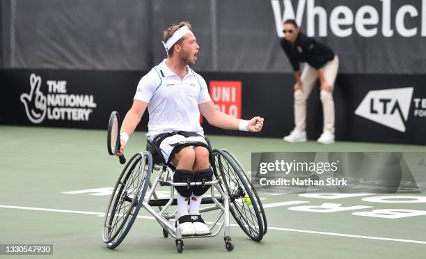 Alfie Hewett of Great Britain celebrates after beating Shingo Kunieda of Japan in the men's singles final match during the British Open Wheelchair...