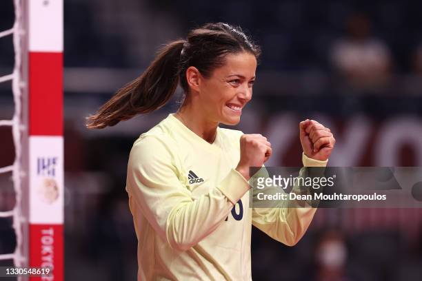 Cleopatre Darleux of Team France smiles after making a save during the Women's Preliminary Round Group B match between Hungary and France on day two...
