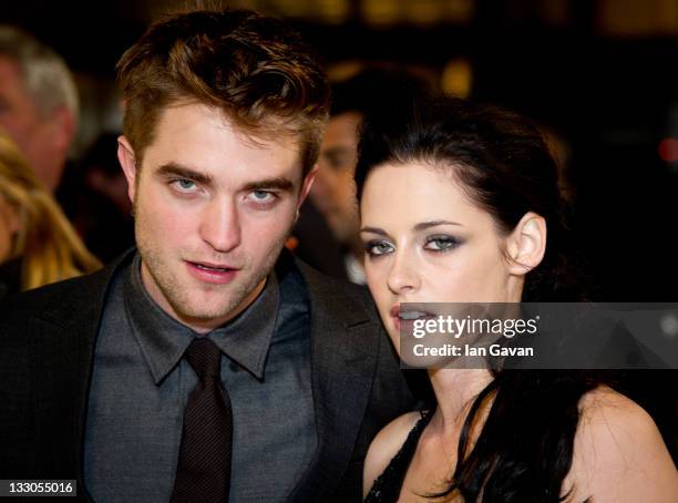 Robert Pattinson and Kristen Stewart attend the UK premiere of The Twilight Saga: Breaking Dawn Part 1 at Westfield Stratford City on November 16,...