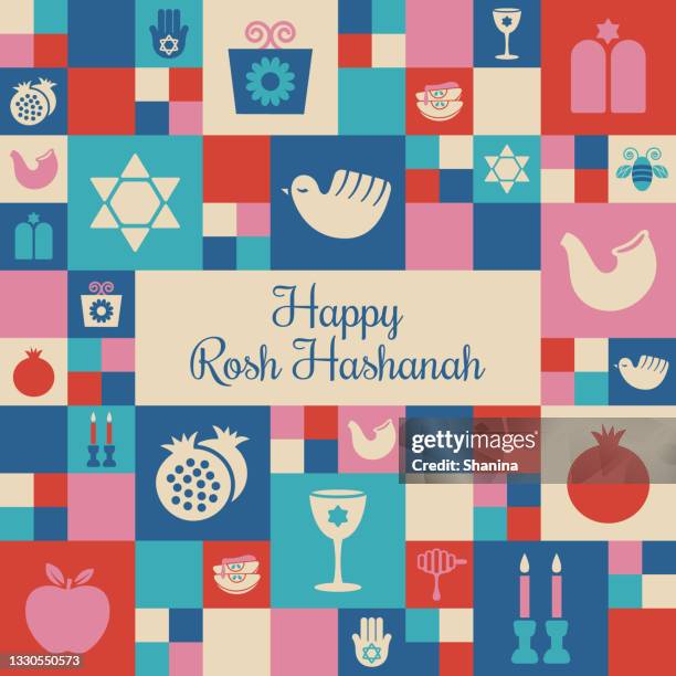 ilustraciones, imágenes clip art, dibujos animados e iconos de stock de diseño cuadrado de mosaico rosh hashaná - v1 - rosh hashanah