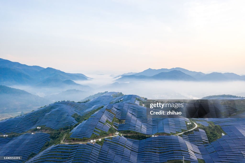 Beautiful mountain solar power station in the morning