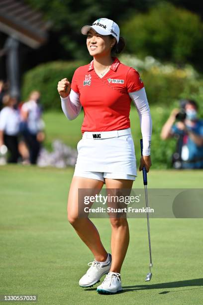 Minjee Lee of Australia reacts to her birdie putt on the eighteenth green during day four of the The Amundi Evian Championship at Evian Resort Golf...