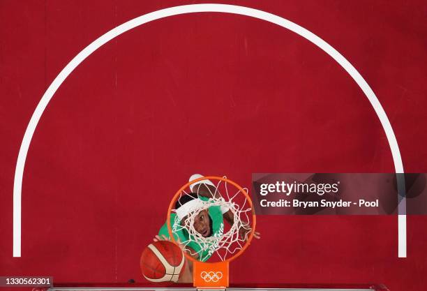 Josh Okogie of Team Nigeria goes up for a layup against Team Australia during the first half of the Men's Preliminary Round Group B game on day two...