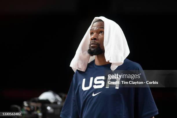 Kevin Durant of the United States during his sides shock loss in the USA V France basketball preliminary round match at the Saitama Super Arena at...