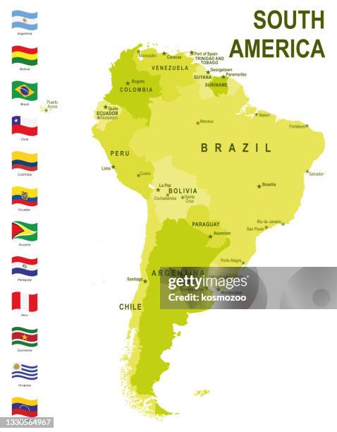 south america green map with flags against white background - venezuela flag stock illustrations