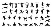 Human sport icons. Physical training. Fitness and gym exercises. Yoga or aerobic workout. Isolated symbols with stick man. Minimal athletic person. Body silhouettes. Vector signs set