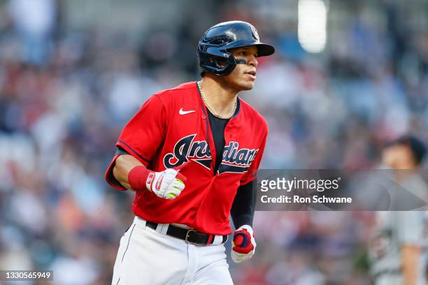 Cesar Hernandez of the Cleveland Indians runs to first base against the Detroit Tigers during the fourth inning at Progressive Field on June 28, 2021...