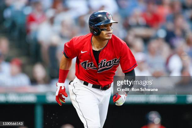 Cesar Hernandez of the Cleveland Indians runs to first base against the Detroit Tigers during the fourth inning at Progressive Field on June 28, 2021...