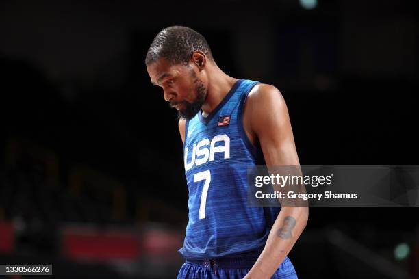 Kevin Durant of Team United States walks off the court with his head down after the United States lost to France in the Men's Preliminary Round Group...