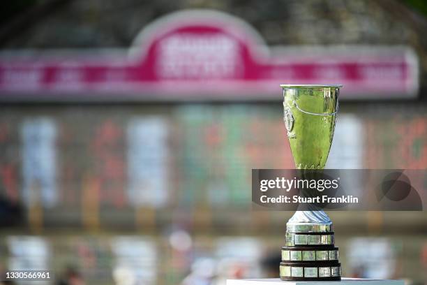 The winners trophy is pictured on the eighteenth green during day four of the The Amundi Evian Championship at Evian Resort Golf Club on July 25,...