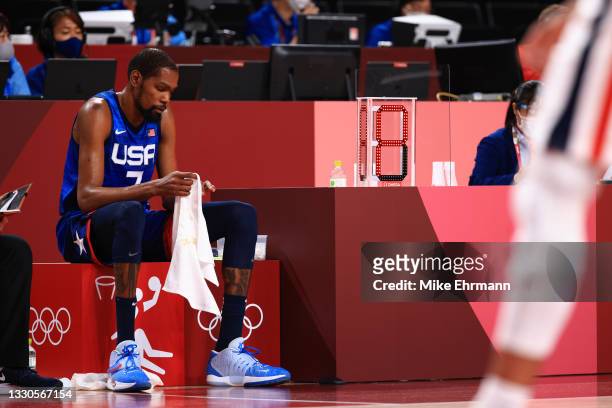 Kevin Durant of Team United States sits on the bench in disappointment as time winds down in the United States' loss to France in the Men's...