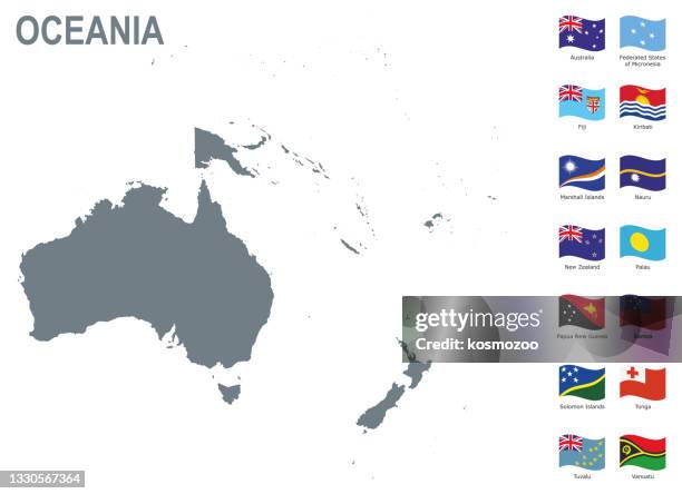 oceania grey map with flags against white background - fiji map stock illustrations