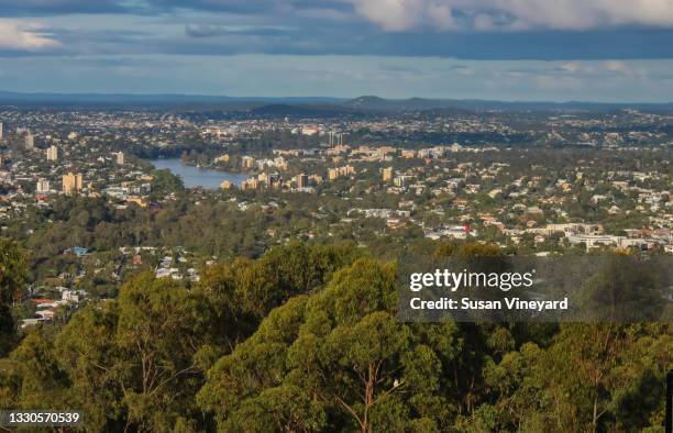 View of Brisbane Queensland Australia from lookout on top of Mt Coot-tha with trees in the foreground and a Kookaburra bird sitting in one if you look closely