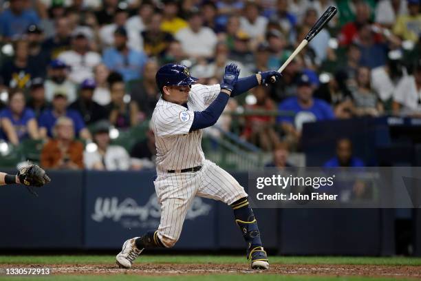 Luis Urias of the Milwaukee Brewers up to bat against the Chicago White Sox at American Family Field on July 24, 2021 in Milwaukee, Wisconsin....