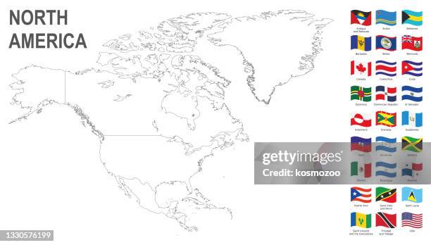 north america white map with flags against white background - computer flow icon stock illustrations