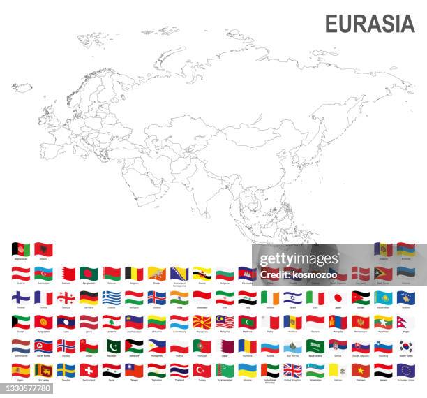 ilustraciones, imágenes clip art, dibujos animados e iconos de stock de mapa blanco de eurasia con banderas sobre fondo blanco - eurasia