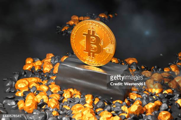 three dimensional render of single bitcoin standing inside gold mine - gold edelmetall stock-grafiken, -clipart, -cartoons und -symbole