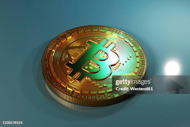 three dimensional render of single golden bitcoin - blockchain technology stock illustrations