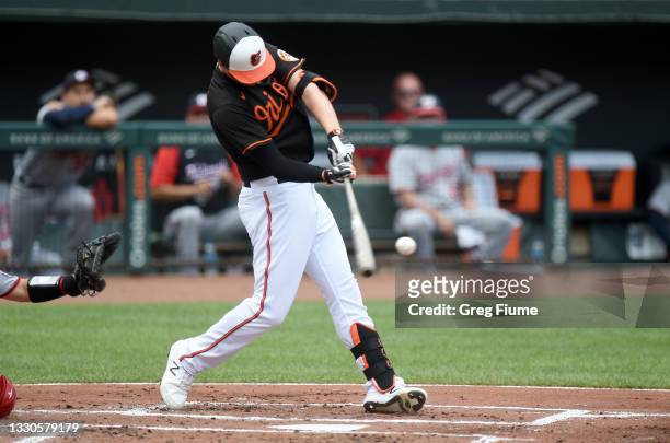 Trey Mancini of the Baltimore Orioles hits a home run in the first inning against the Washington Nationals at Oriole Park at Camden Yards on July 25,...