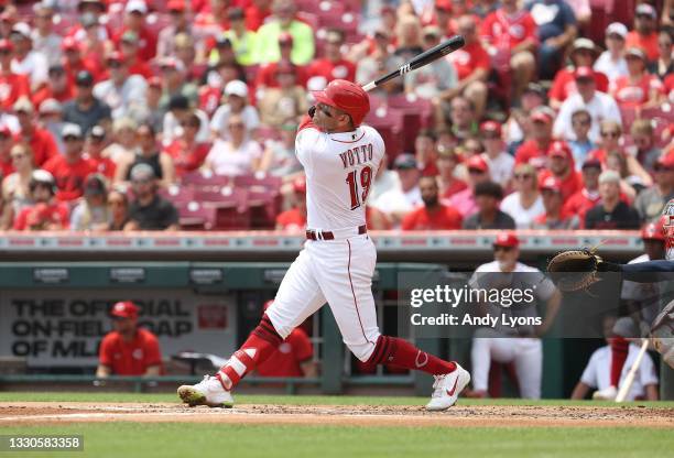 Joey Votto of the Cincinnati Reds hits a three RBI homerun in the first inning against the St. Louis Cardinals at Great American Ball Park on July...