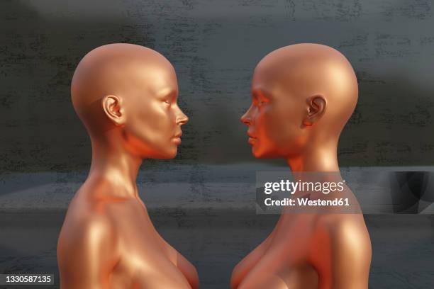 three dimensional render of two female clones standing face to face - identical twins stock illustrations