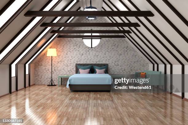 three dimensional render of loft apartment with bed, floor lamp and sofa - loft interior stock illustrations