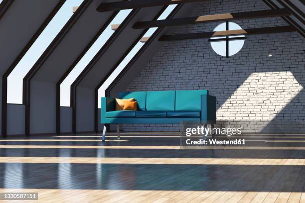 three dimensional render of sofa standing in empty loft apartment - attic stock illustrations