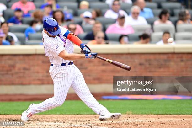 Pete Alonso of the New York Mets hits a two-run home run against the Toronto Blue Jays during the sixth inning at Citi Field on July 25, 2021 in the...