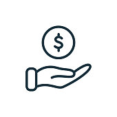 Hand with Dollar Coin line icon. Charity and Donation Concept. Financial Help for Needy. Sponsorship Supporter Linear Icon. Editable Stroke. Vector illustration