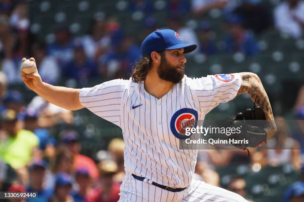 Trevor Williams of the Chicago Cubs pitches in the first inning against the Arizona Diamondbacks at Wrigley Field on July 25, 2021 in Chicago,...